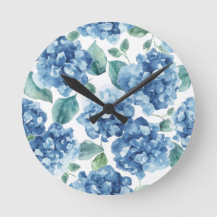 Hydrangea Blues Watercolor Blooms Flower Pattern Round Clock