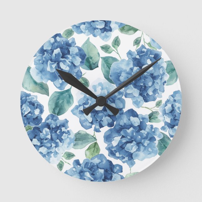 Hydrangea Blues | Watercolor Blooms Flower Pattern Round Clock (Front)