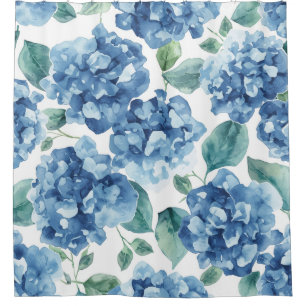 Hydrangea Blues Watercolor Blooms Flower Pattern Shower Curtain