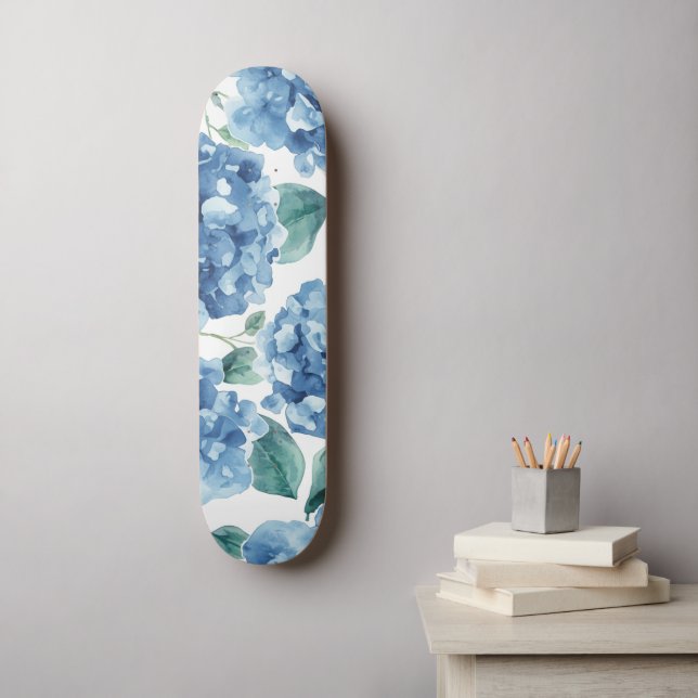 Hydrangea Blues | Watercolor Blooms Flower Pattern Skateboard (Wall Art)