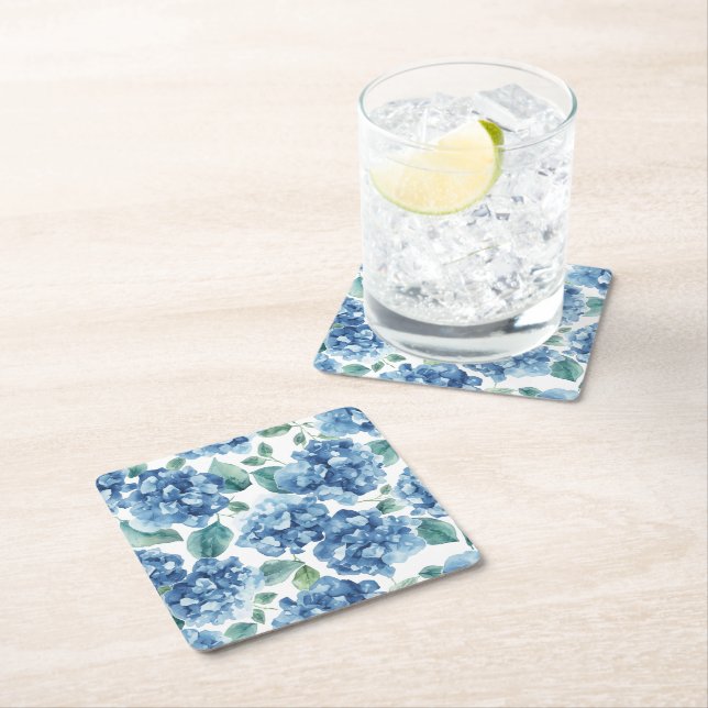 Hydrangea Blues | Watercolor Blooms Flower Pattern Square Paper Coaster (Insitu)