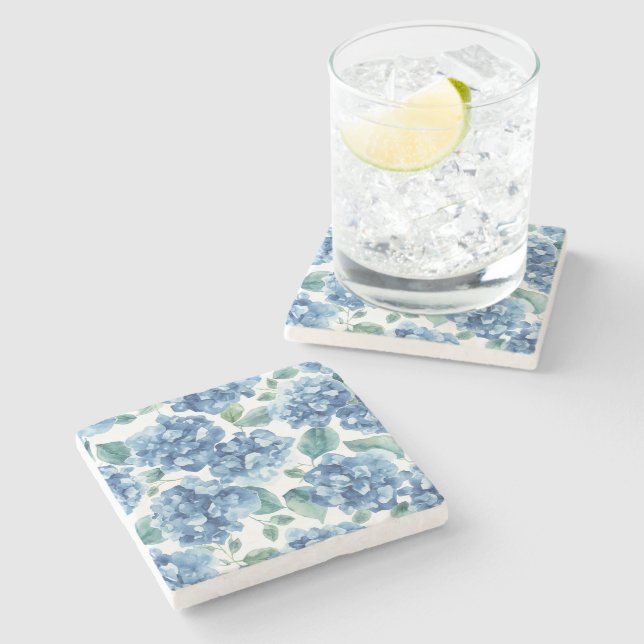 Hydrangea Blues | Watercolor Blooms Flower Pattern Stone Coaster (Side)