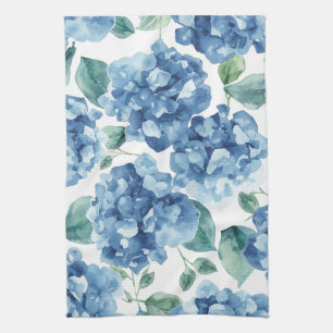 Hydrangea Blues Watercolor Blooms Flower Pattern Tea Towel