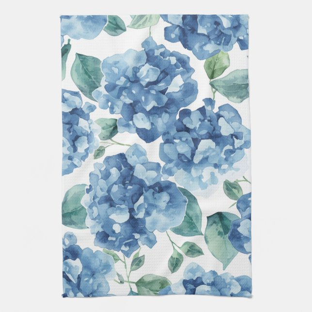 Hydrangea Blues | Watercolor Blooms Flower Pattern Tea Towel (Vertical)