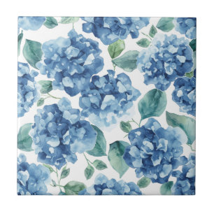 Hydrangea Blues   Watercolor Blooms Flower Pattern Tile