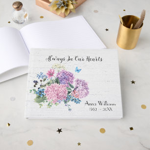 Hydrangea Bouquet On Whitewashed Wood Guest Book