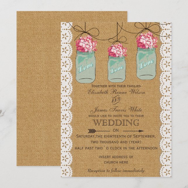 hydrangea burlap Rustic mason jar wedding Invitation (Front/Back)