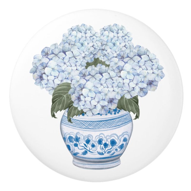 Hydrangea Chinoiserie Blue Flower Bloom  Ceramic Knob (Front)