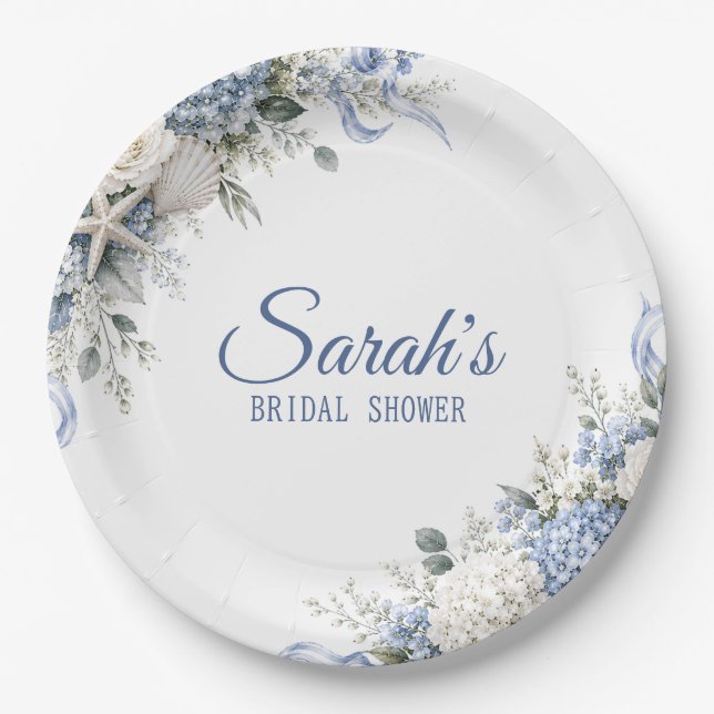 Hydrangea Coastal Bridal Shower Personalized Paper Plate (Front)