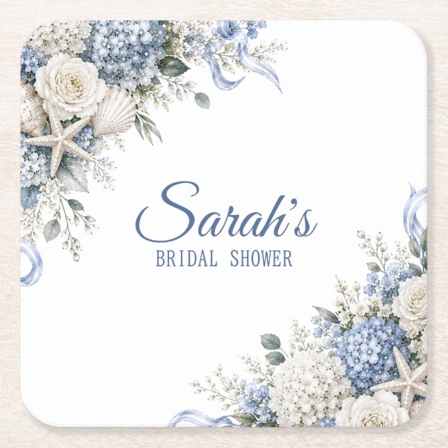 Hydrangea Coastal Bridal Shower Personalized Square Paper Coaster (Front)