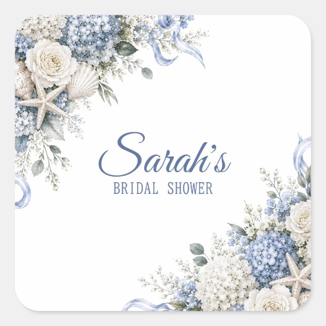 Hydrangea Coastal Bridal Shower Personalized Square Sticker (Front)