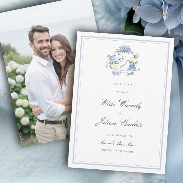 Hydrangea Crest Formal Blue Coastal Photo Wedding Save The Date (hydrangea wedding save the date photo coastal cottagecore romantic garden formal elegant traditional)