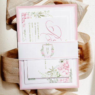 Hydrangea Crest Wedding Monogram Invitation Belly Band