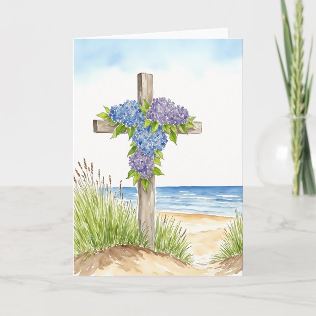 Hydrangea Cross Easter Religious Watercolor Holiday Card (Front)
