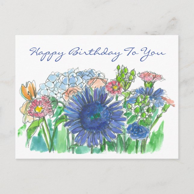 Hydrangea Daisy Watercolor Flowers Happy Birthday Postcard (Front)