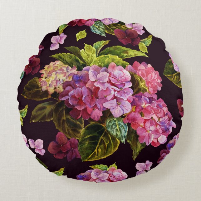 Hydrangea, dark, seamless floral pattern. round cushion (Front)
