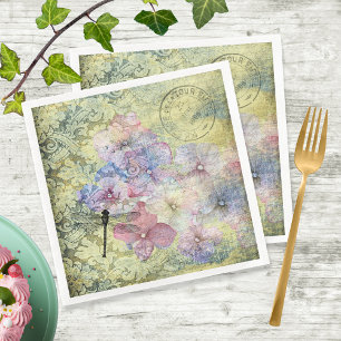 Hydrangea Dragonfly Postmark Ephemera Decoupage Napkin