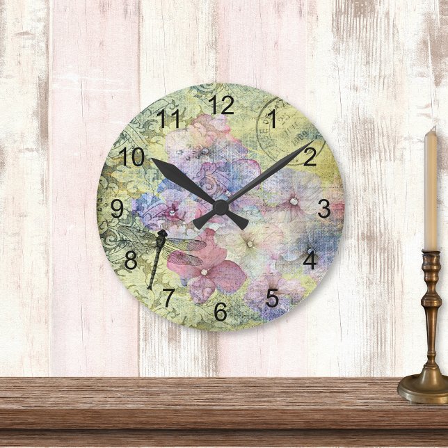 Hydrangea Dragonfly Postmark Ephemera Round Clock (Creator Uploaded)