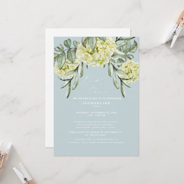  Hydrangea Dusty Blue Elegant Bridal Shower  Invitation (Front/Back In Situ)