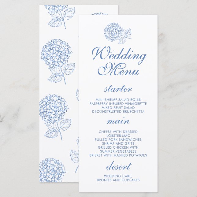 Hydrangea Dusty Blue Floral Modern Wedding Menu (Front/Back)