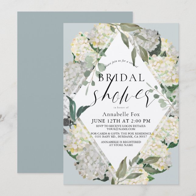 Hydrangea Dusty Blue Rhonbus Virtual Bridal Shower Invitation (Front/Back)