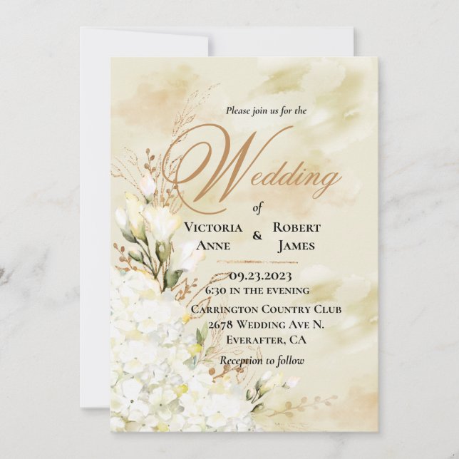 Hydrangea Elegant White Gold Floral Wedding   Invitation (Front)