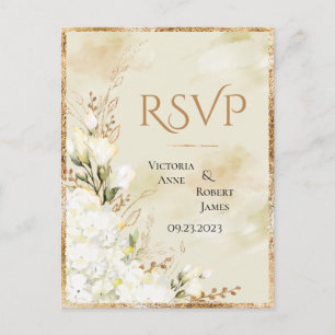 Hydrangea Elegant White Gold Floral Wedding RSVP Postcard