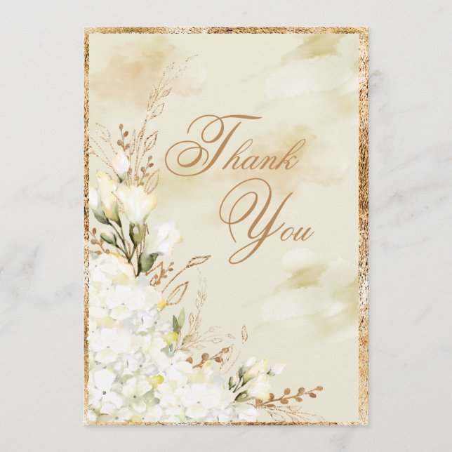 Hydrangea Elegant White Gold Floral Wedding  Thank You Card (Front)