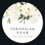 Hydrangea Elegant White Gold Rose Floral Wedding Classic Round Sticker<br><div class="desc">Design features elegant hydrangea and rose watercolor elements in shades of white,  gold,  ivory,  champagne and other neutral colours over greenery,  eucalyptus and other botanical foliage.</div>