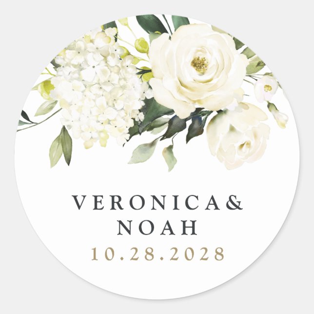 Hydrangea Elegant White Gold Rose Floral Wedding Classic Round Sticker (Front)