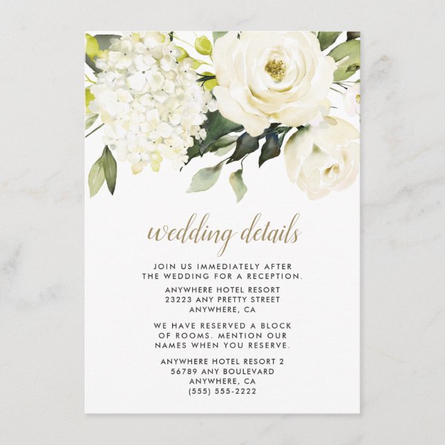 Hydrangea Elegant White Gold Rose Floral Wedding Enclosure Card (Front)