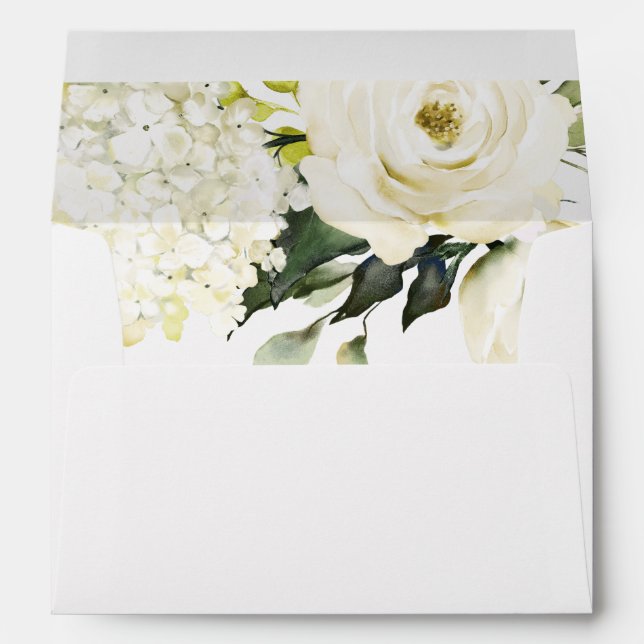 Hydrangea Elegant White Gold Rose Floral Wedding Envelope (Back (Bottom))