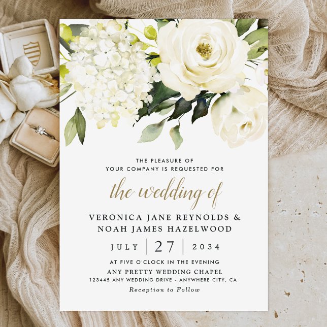 Hydrangea Elegant White Gold Rose Floral Wedding Invitation (Creator Uploaded)