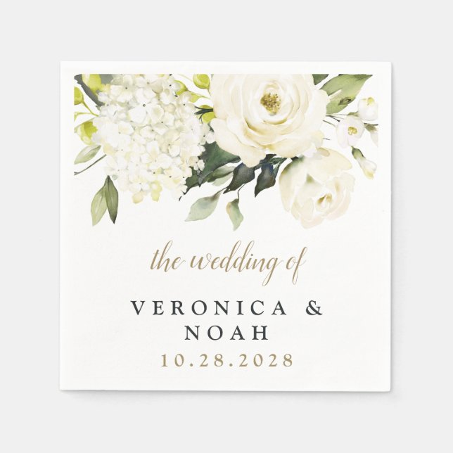 Hydrangea Elegant White Gold Rose Floral Wedding Napkin (Front)