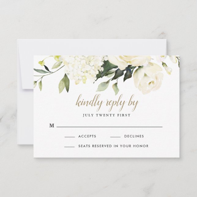 Hydrangea Elegant White Gold Rose Floral Wedding RSVP Card (Front)