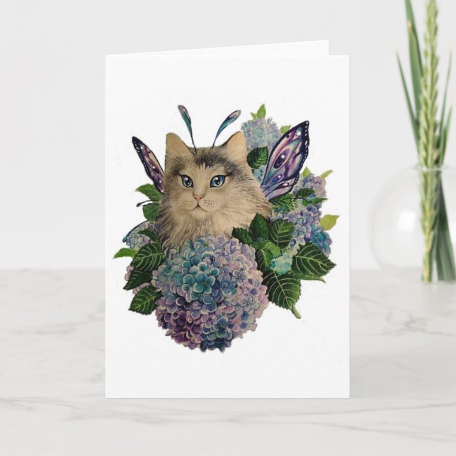Hydrangea fairy kitty greeting card (Front)