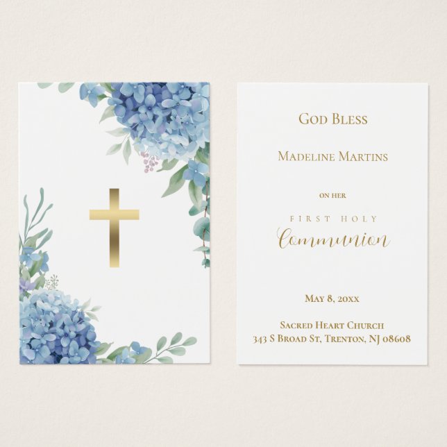 Hydrangea First Communion remembrance card (Front & Back)