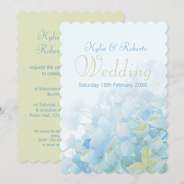Hydrangea floral blue green wedding invitation (Front/Back)