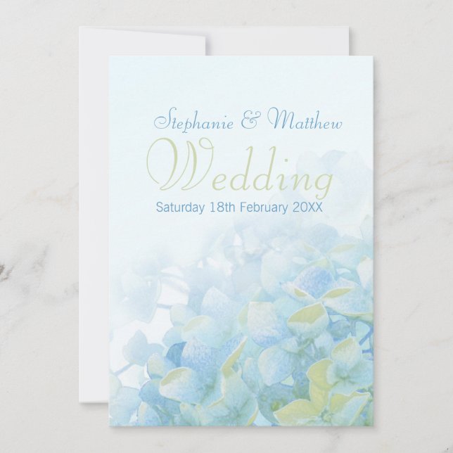 Hydrangea floral blue green wedding invitation (Front)