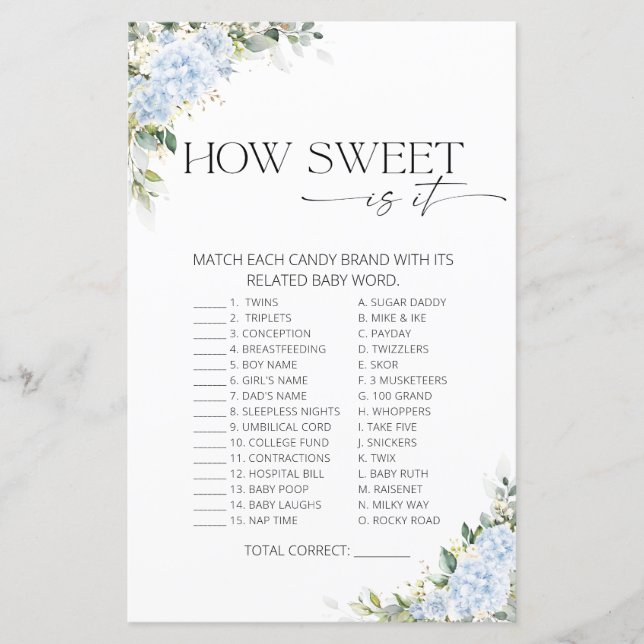 Hydrangea Floral How Sweet Is It Baby Shower Game (Front)