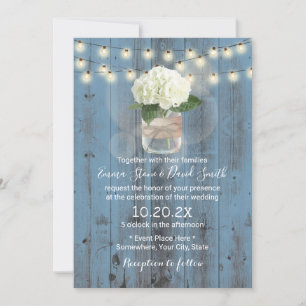 Hydrangea Floral Jar Dusty Blue Barn Wood Wedding Invitation