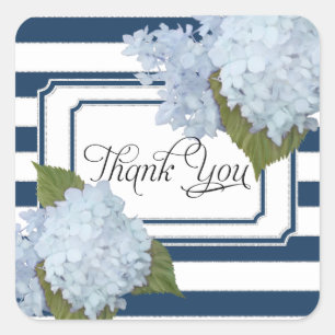 Hydrangea Floral Nautical Navy Blue White Striped Square Sticker