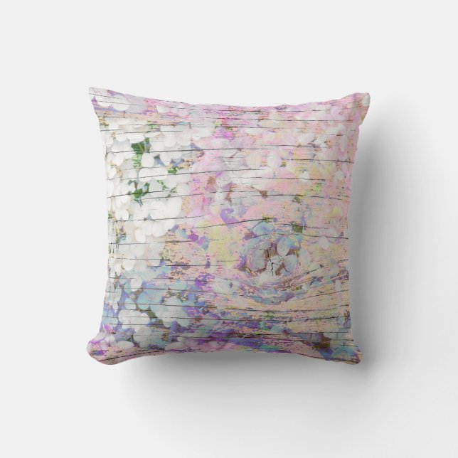 Hydrangea Floral Pink Country Vintage Wood Cushion (Front)