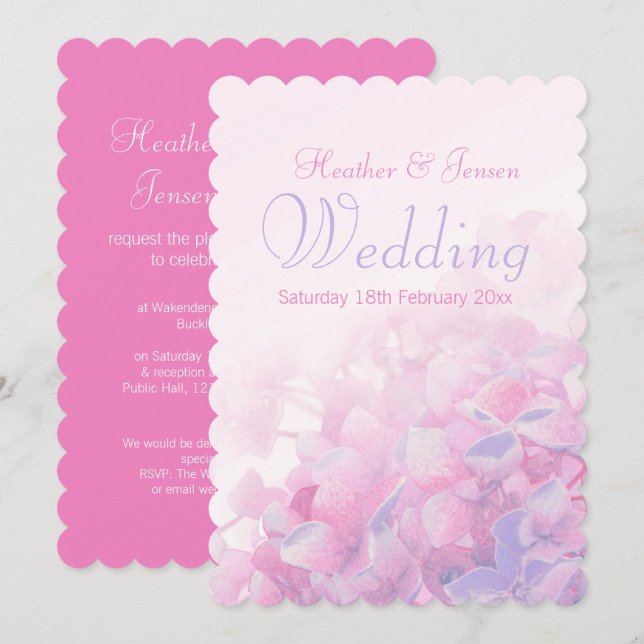 Hydrangea floral pink purple wedding invitation (Front/Back)