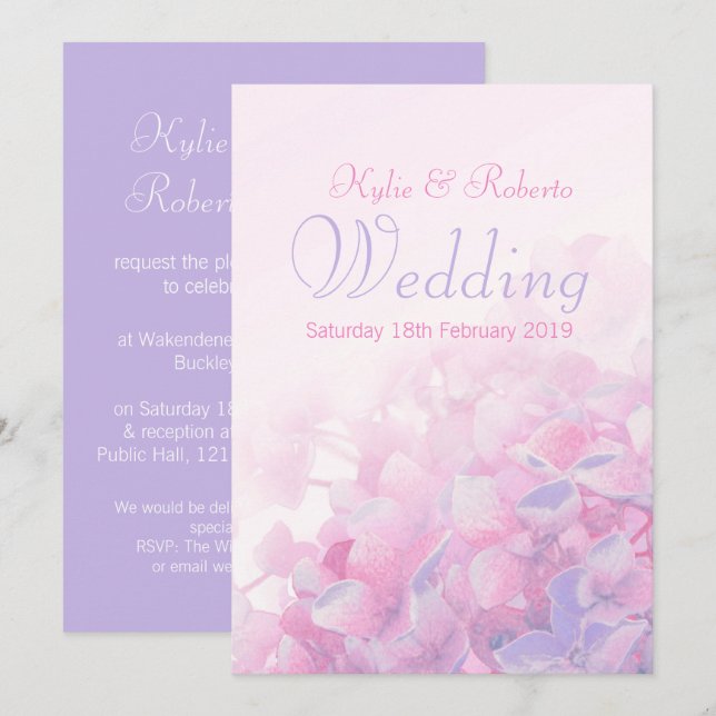 Hydrangea floral pink purple wedding invitation (Front/Back)