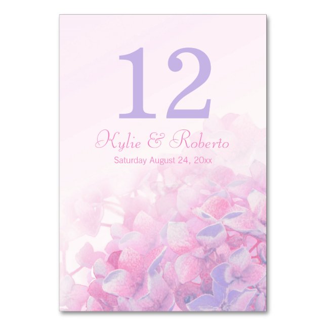 Hydrangea floral purple pink wedding table numbers (Front)