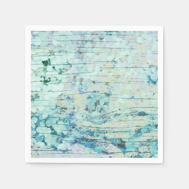 Hydrangea Floral Teal Country Vintage Wood Napkin (Front)