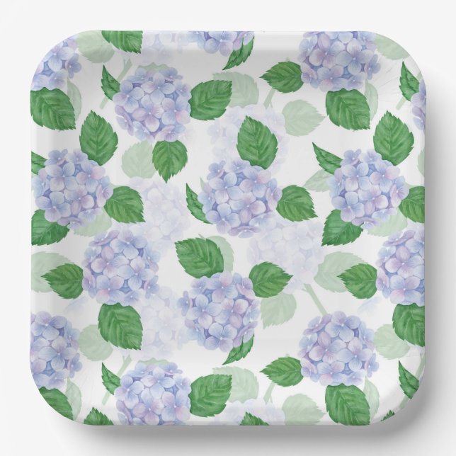 Hydrangea Floral Watercolor Blue Party Paper Plate (Front)