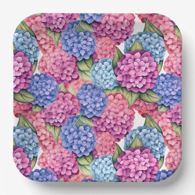 Hydrangea Floral Watercolor Blue Pink Paper Plate (Front)