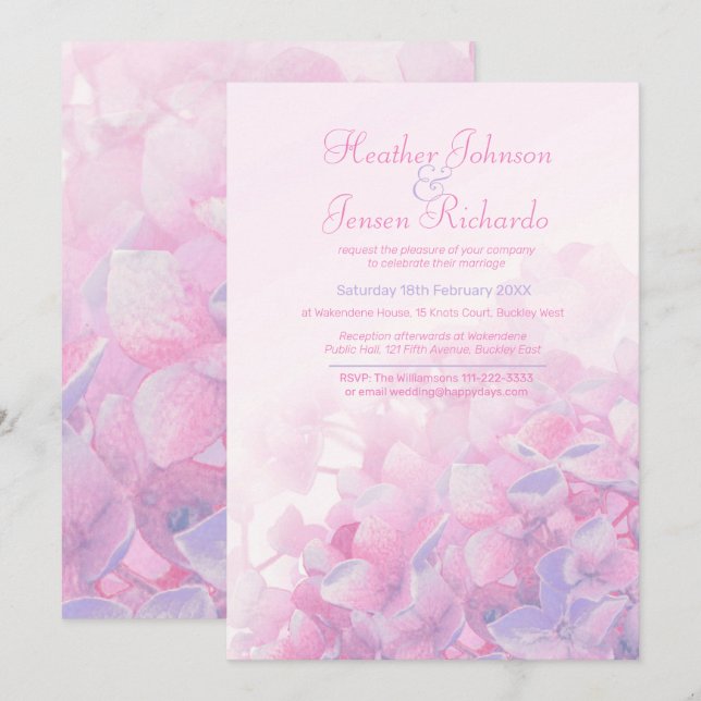 Hydrangea flower floral pink purple wedding invitation (Front/Back)